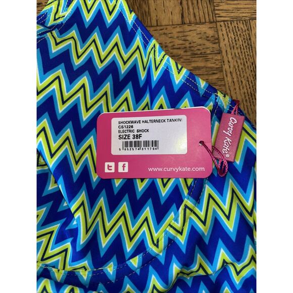 Curvy Kate 38F Shockwave Halterneck Tankini Top Electric Shock Blue Green NWT - Picture 3 of 5